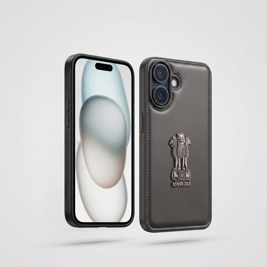 iPhone 16 Series 5G Leather Touch Metal Satyamev Jayate Emblem Case