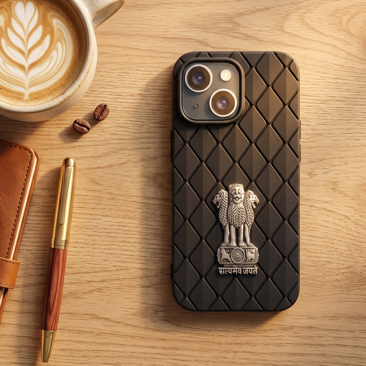 iPhone 15 5G Bottega Veneta Design with Metal Satyamev Jayate Emblem Case