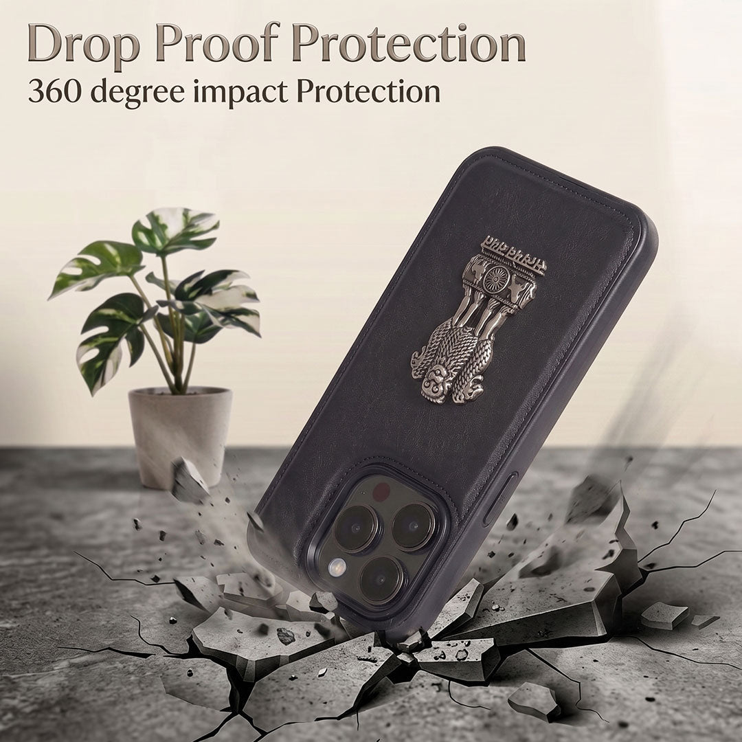iPhone 13 Series 5G Skin Feel Leather Metal Satyamev Jayate Emblem Case