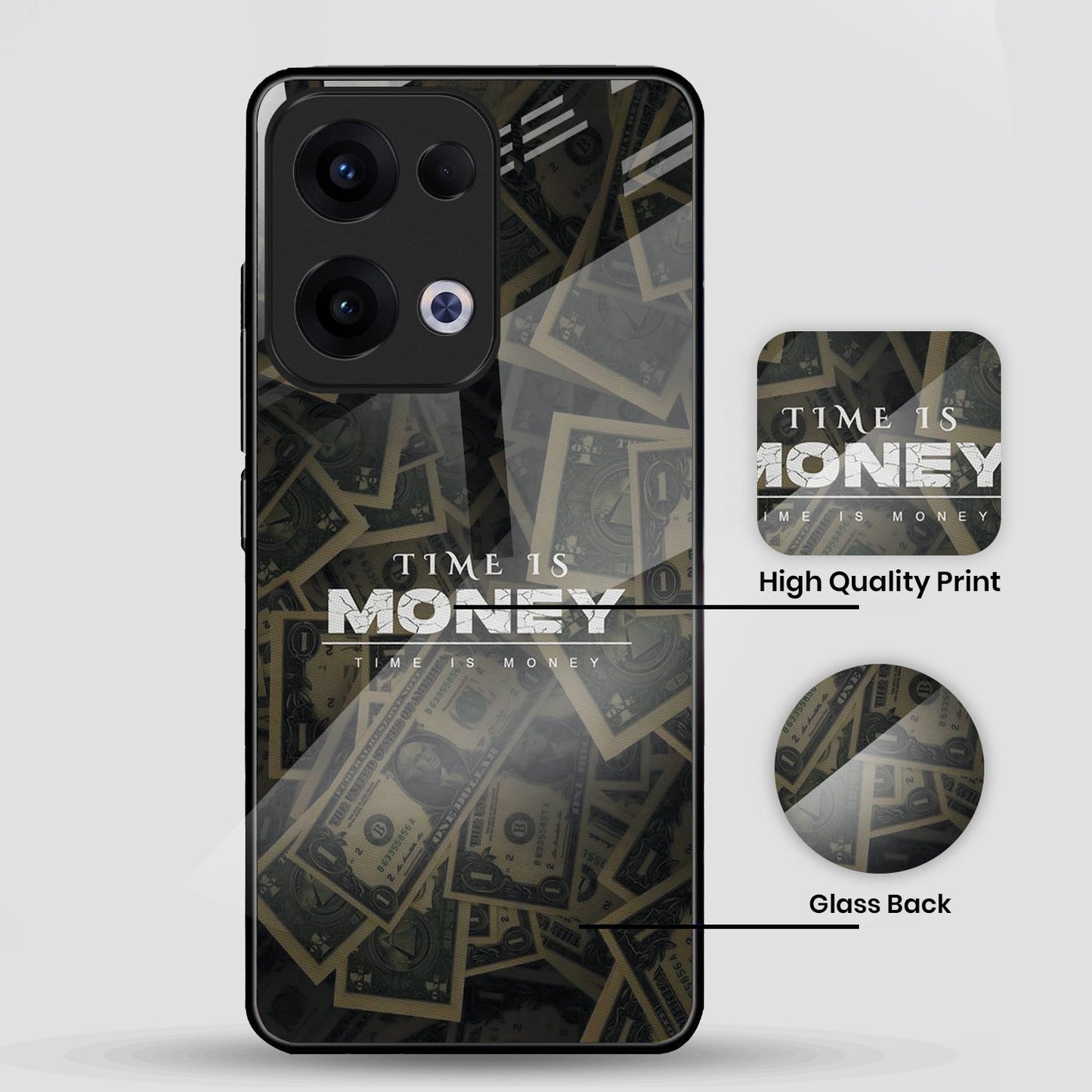 Oppo Reno 13 5G Premium Acrylic Shockproof Glass Back Case (Time is Money)