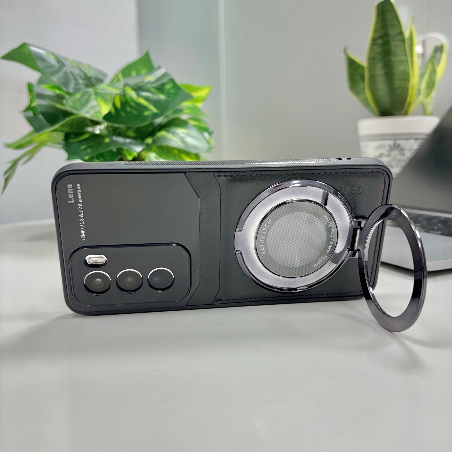 Oppo Reno12 Pro Original Luxury Leather Lens Magnifier Ring Stand Case