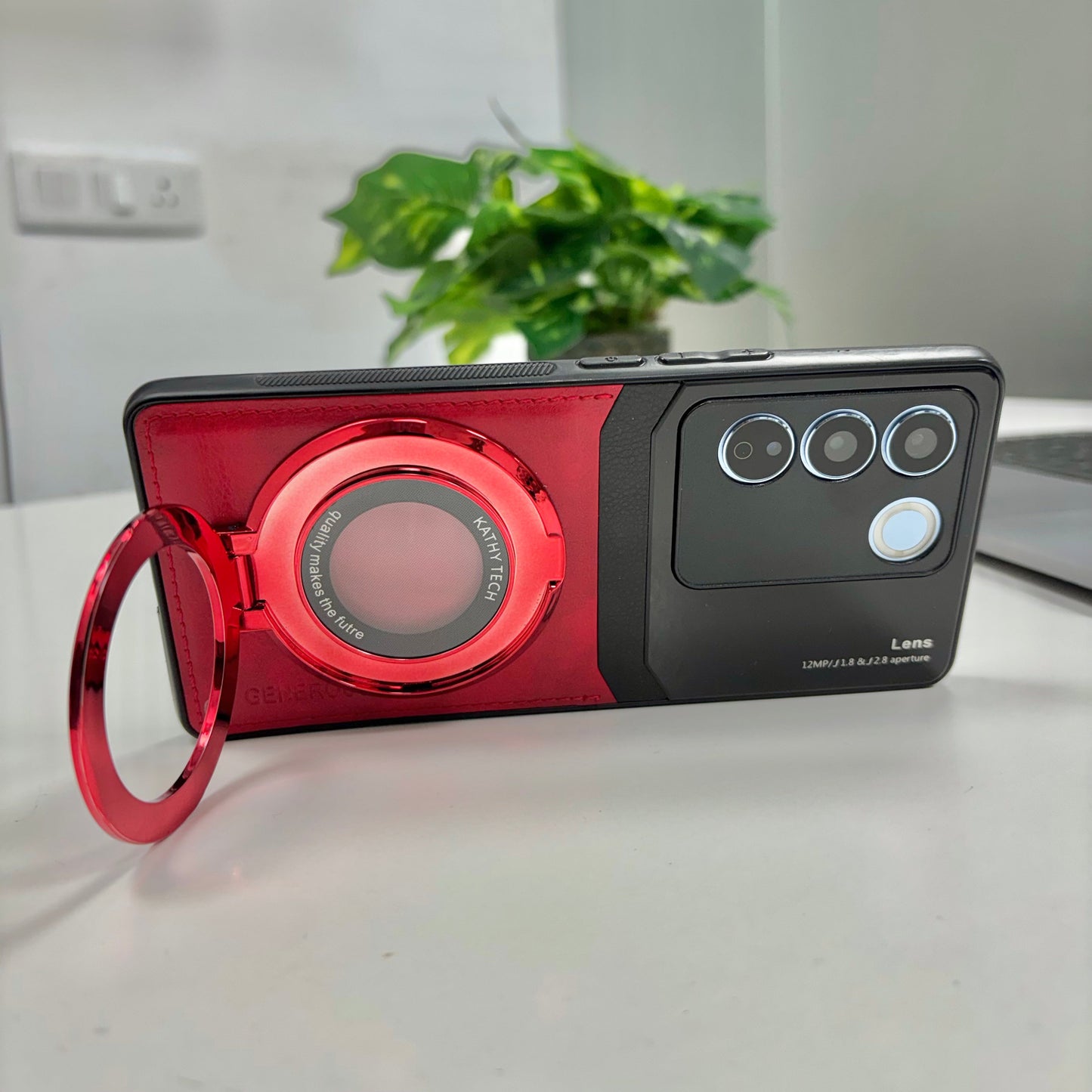 Vivo V27 5G Original Luxury Leather Lens Magnifier Ring Stand Case