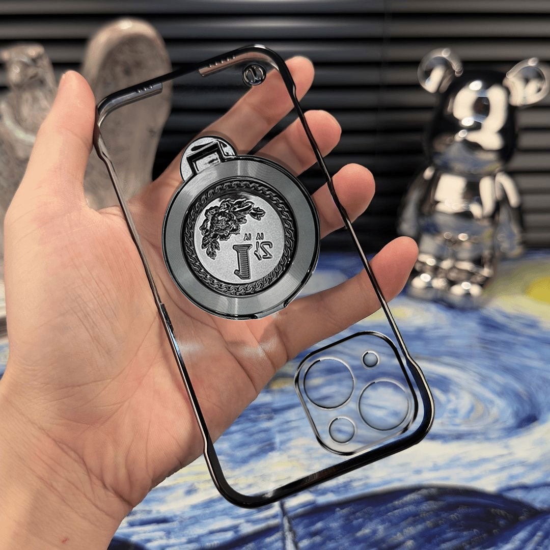 iPhone 15 Plus Phone case with a decorative emblem held in a hand, with a blurred background