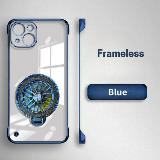 iPhone 15 Plus Blue frameless phone case with detailed design on a light gray background