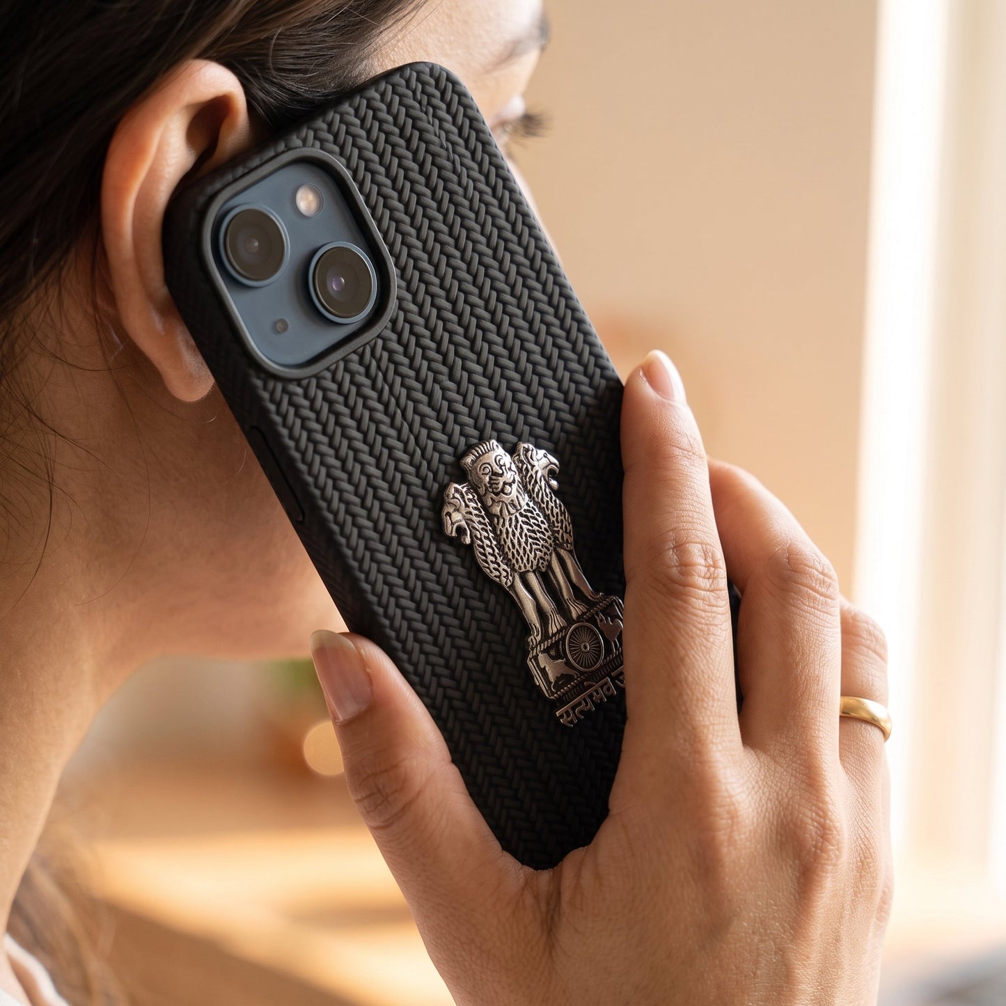 iPhone 14 Series Knit Pattern Metal Satyamev Jayate Silicone Case