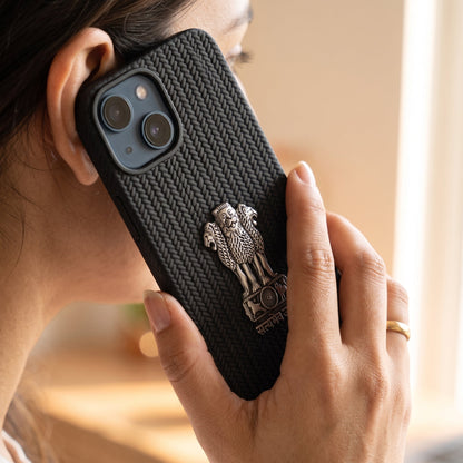 iPhone 14 Series Knit Pattern Metal Satyamev Jayate Silicone Case