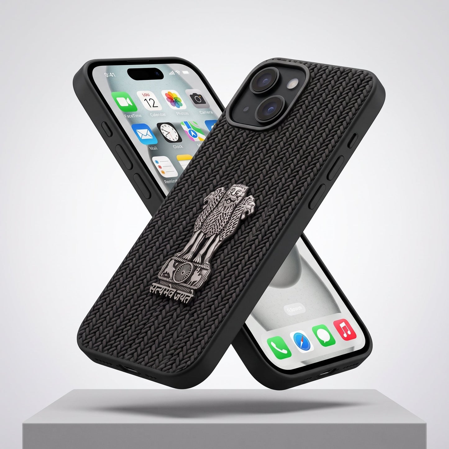 iPhone 14 Series Knit Pattern Metal Satyamev Jayate Silicone Case