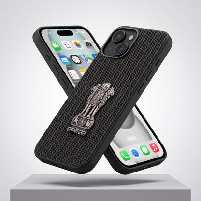 iPhone 14 Series Knit Pattern Metal Satyamev Jayate Silicone Case
