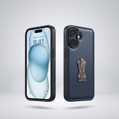 iPhone 16 Series 5G Skin Feel Leather Metal Satyamev Jayate Emblem Case