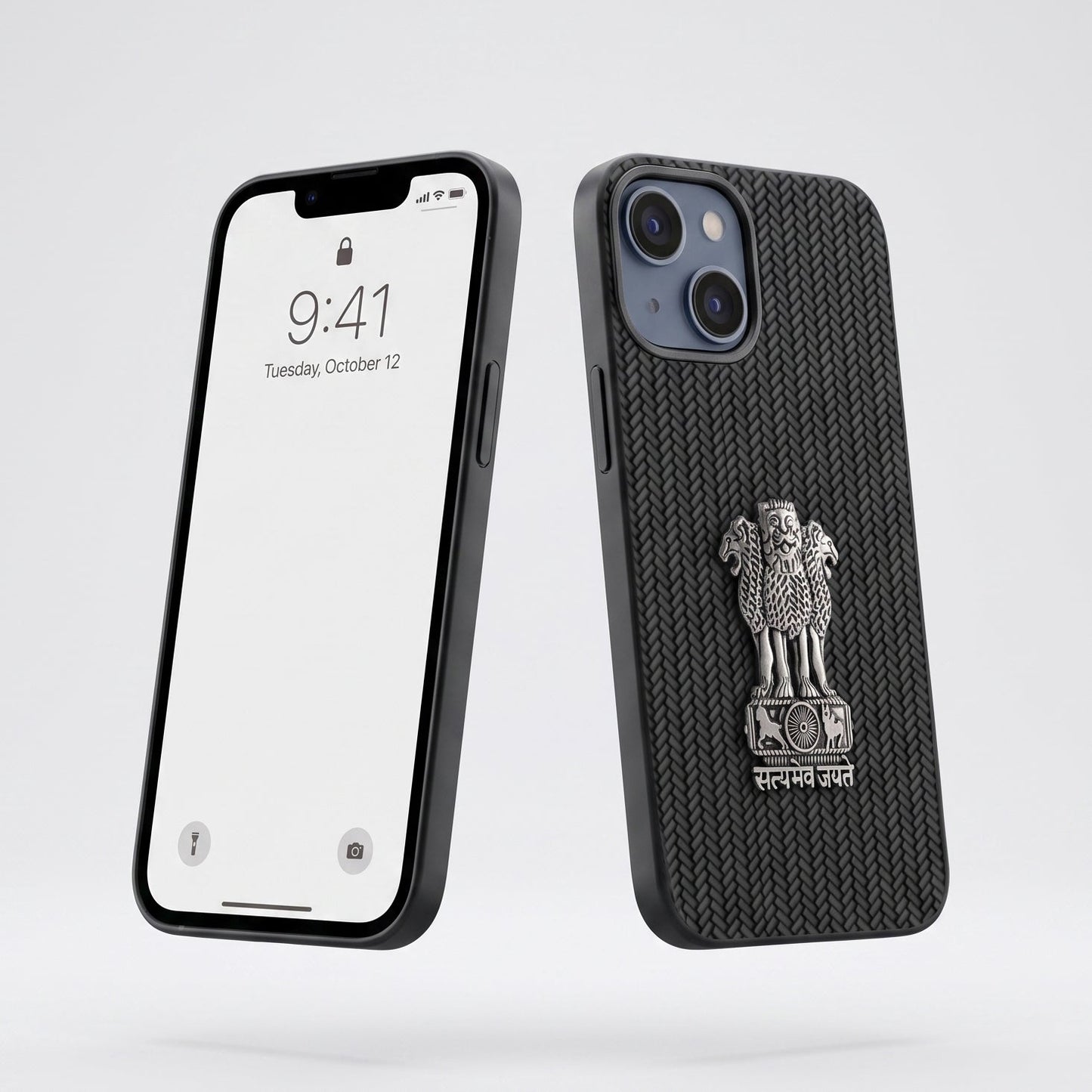 iPhone 14 Series Knit Pattern Metal Satyamev Jayate Silicone Case
