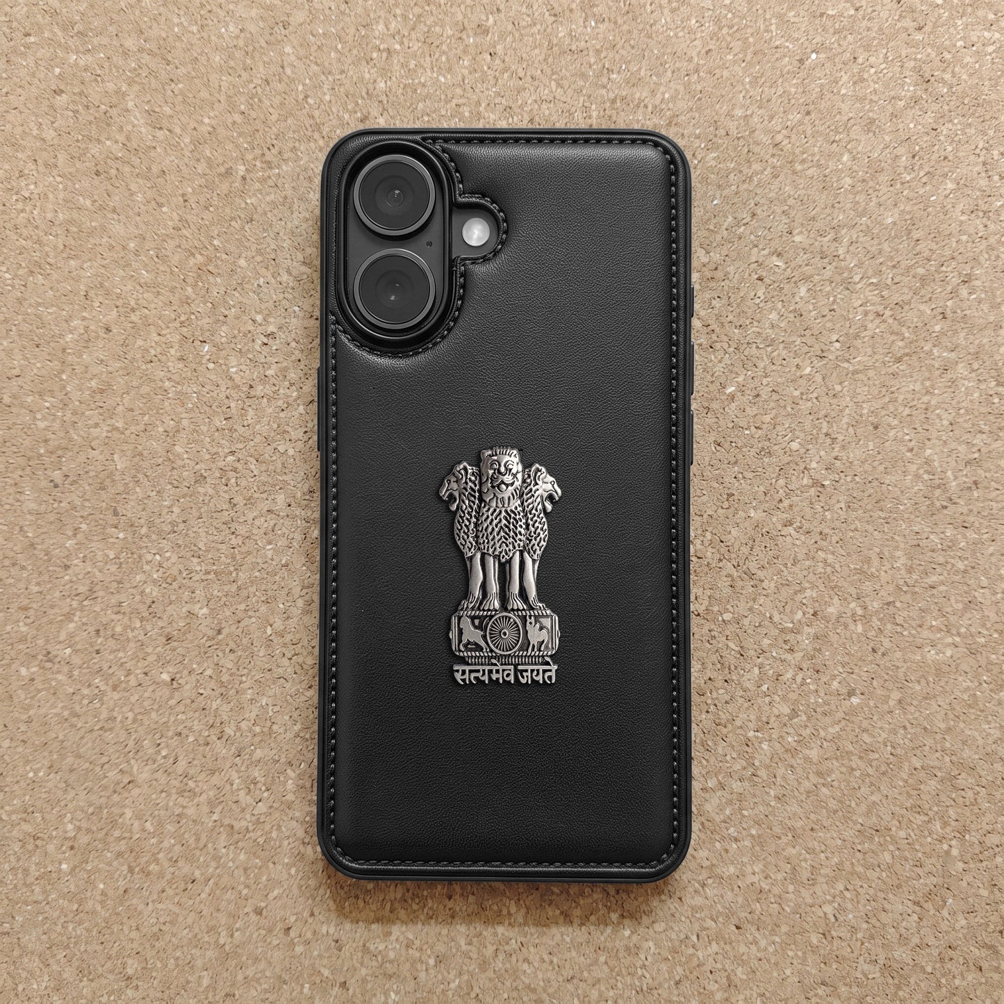 iPhone 16 Series 5G Skin Feel Leather Metal Satyamev Jayate Emblem Case
