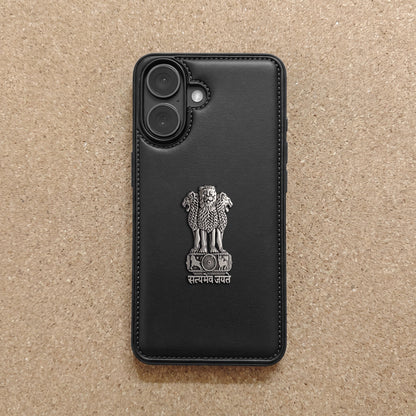 iPhone 16 Series 5G Skin Feel Leather Metal Satyamev Jayate Emblem Case