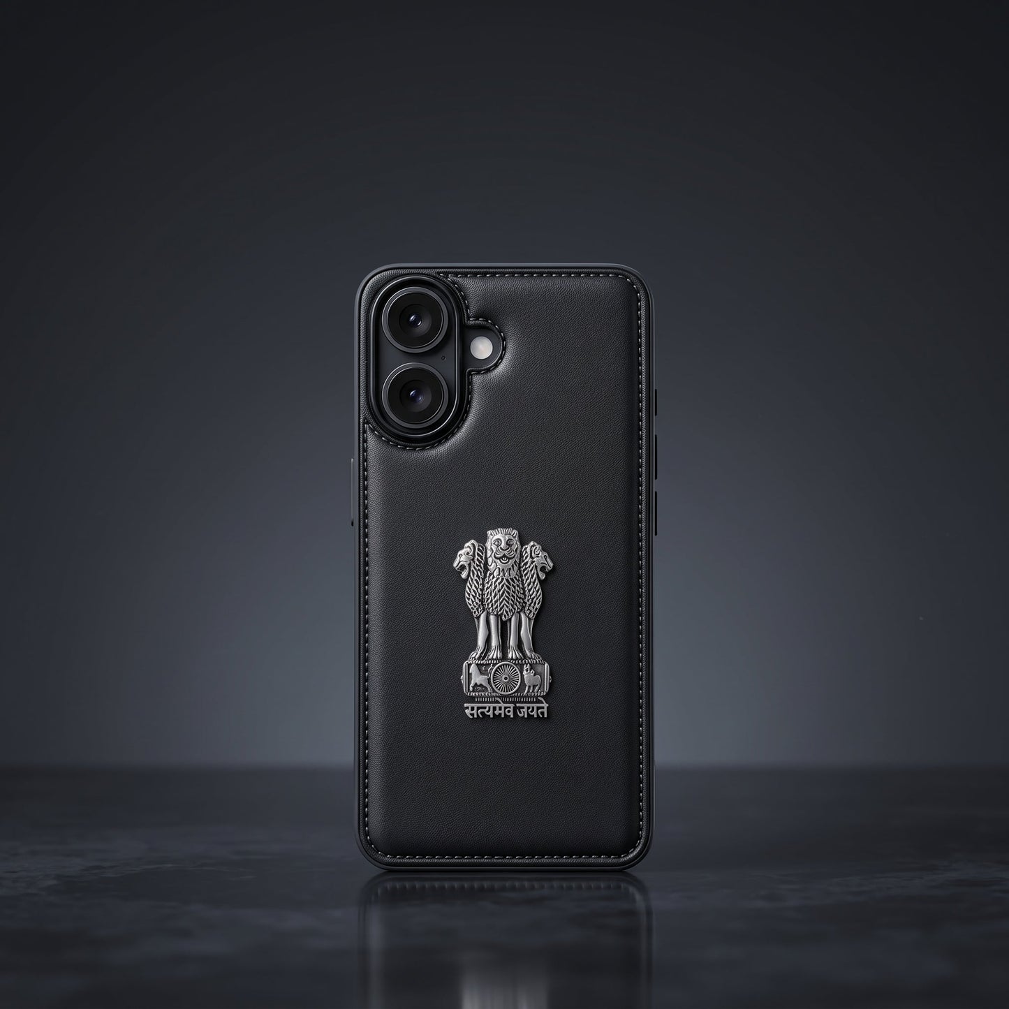 iPhone 16 Series 5G Skin Feel Leather Metal Satyamev Jayate Emblem Case