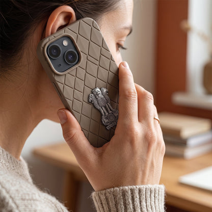 iPhone 15 5G Bottega Veneta Design with Metal Satyamev Jayate Emblem Case