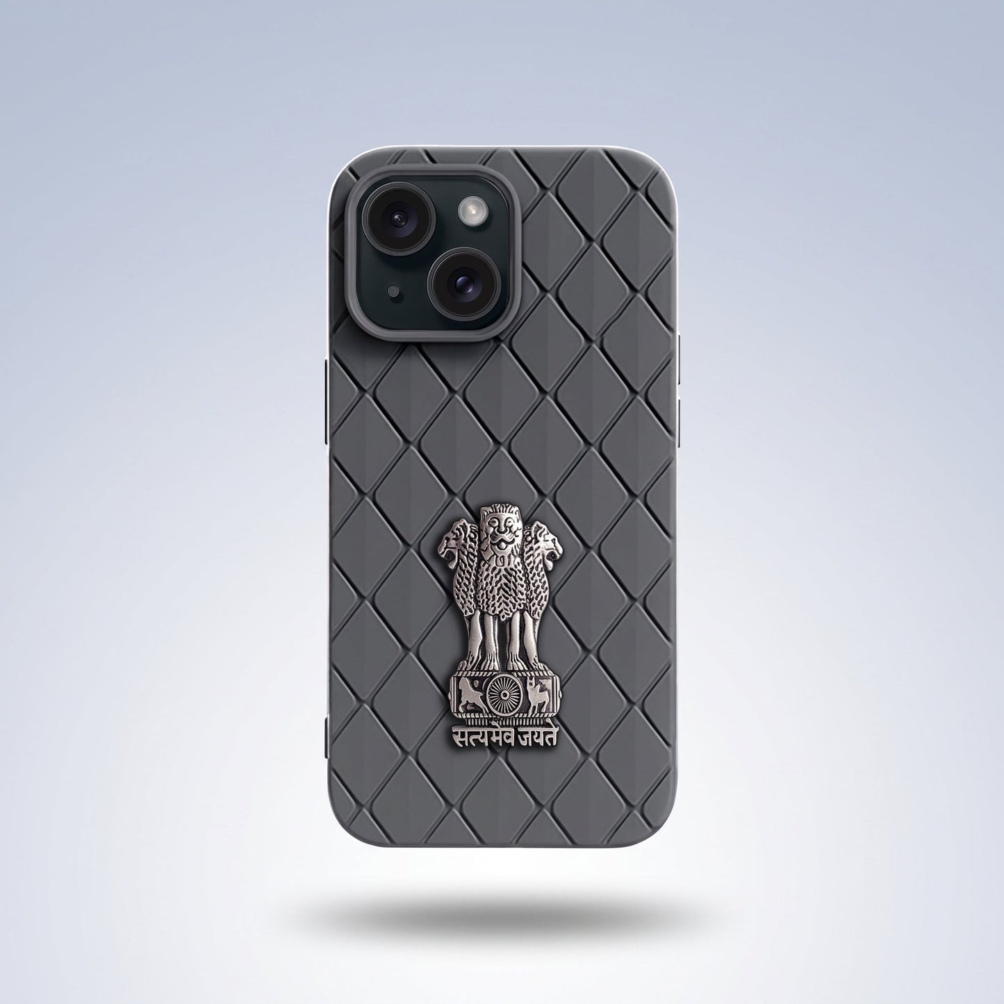 iPhone 15 5G Bottega Veneta Design with Metal Satyamev Jayate Emblem Case