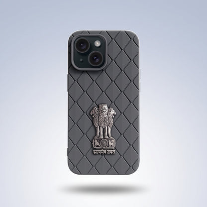 iPhone 15 5G Bottega Veneta Design with Metal Satyamev Jayate Emblem Case
