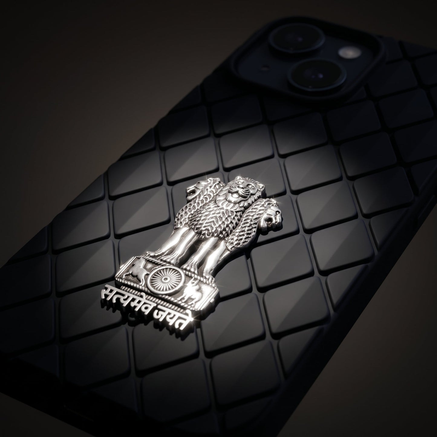 iPhone 15 5G Bottega Veneta Design with Metal Satyamev Jayate Emblem Case