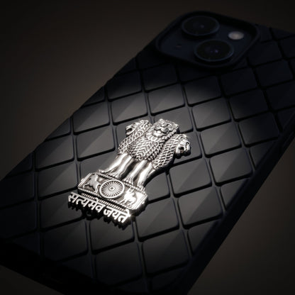 iPhone 15 5G Bottega Veneta Design with Metal Satyamev Jayate Emblem Case