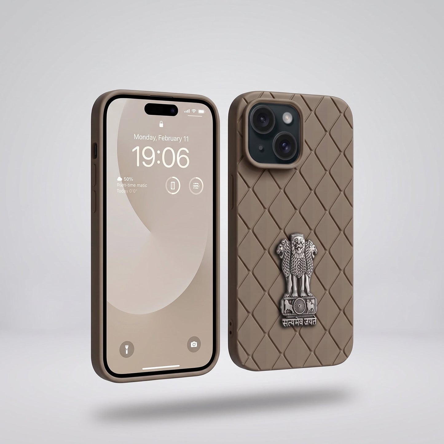 iPhone 15 5G Bottega Veneta Design with Metal Satyamev Jayate Emblem Case