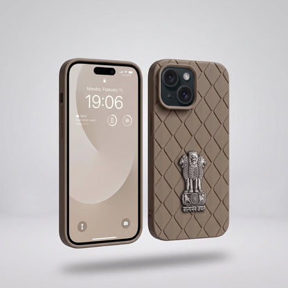iPhone 15 5G Bottega Veneta Design with Metal Satyamev Jayate Emblem Case