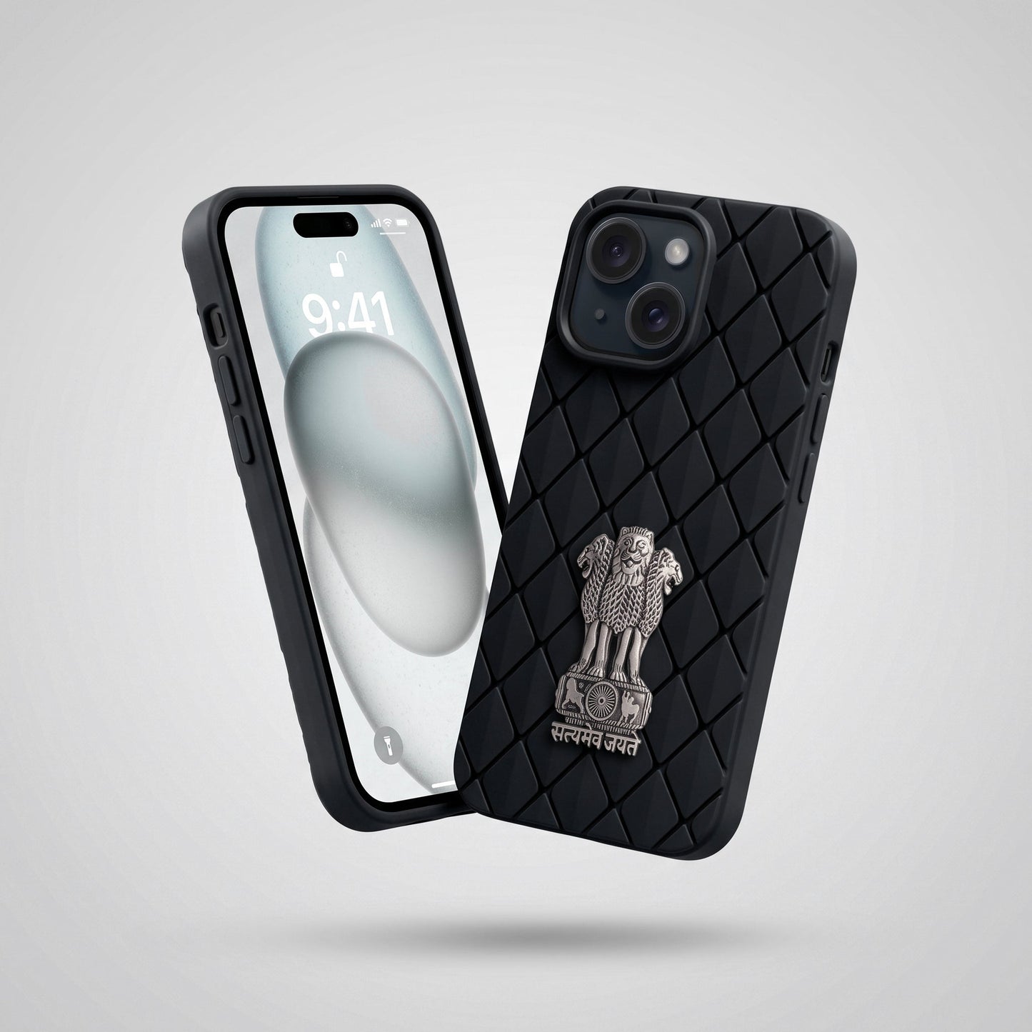 iPhone 15 5G Bottega Veneta Design with Metal Satyamev Jayate Emblem Case