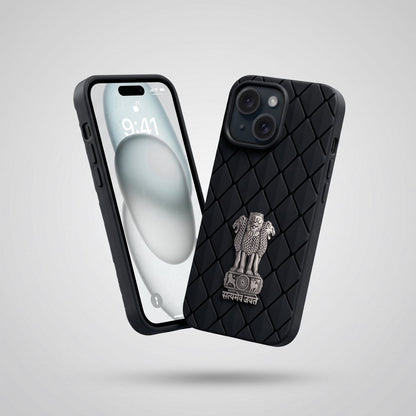 iPhone 15 5G Bottega Veneta Design with Metal Satyamev Jayate Emblem Case