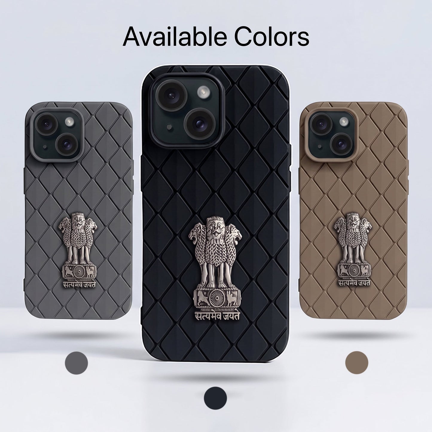 iPhone 15 5G Bottega Veneta Design with Metal Satyamev Jayate Emblem Case