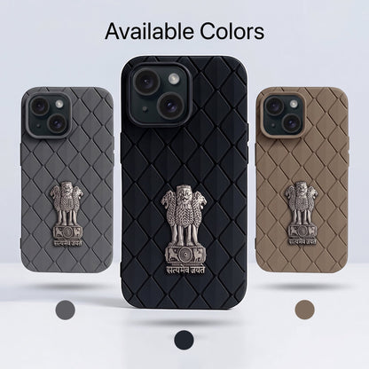 iPhone 15 5G Bottega Veneta Design with Metal Satyamev Jayate Emblem Case