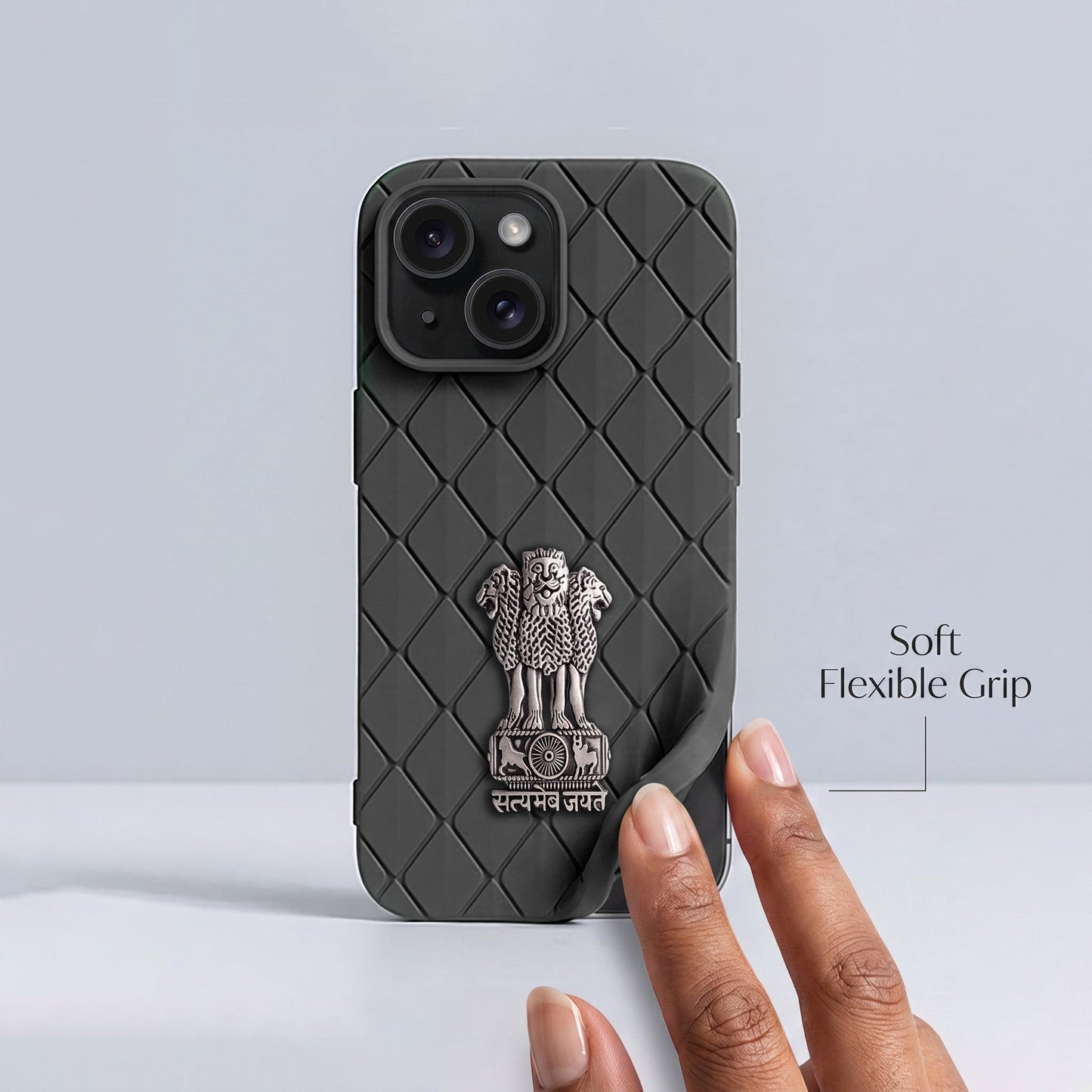 iPhone 15 5G Bottega Veneta Design with Metal Satyamev Jayate Emblem Case