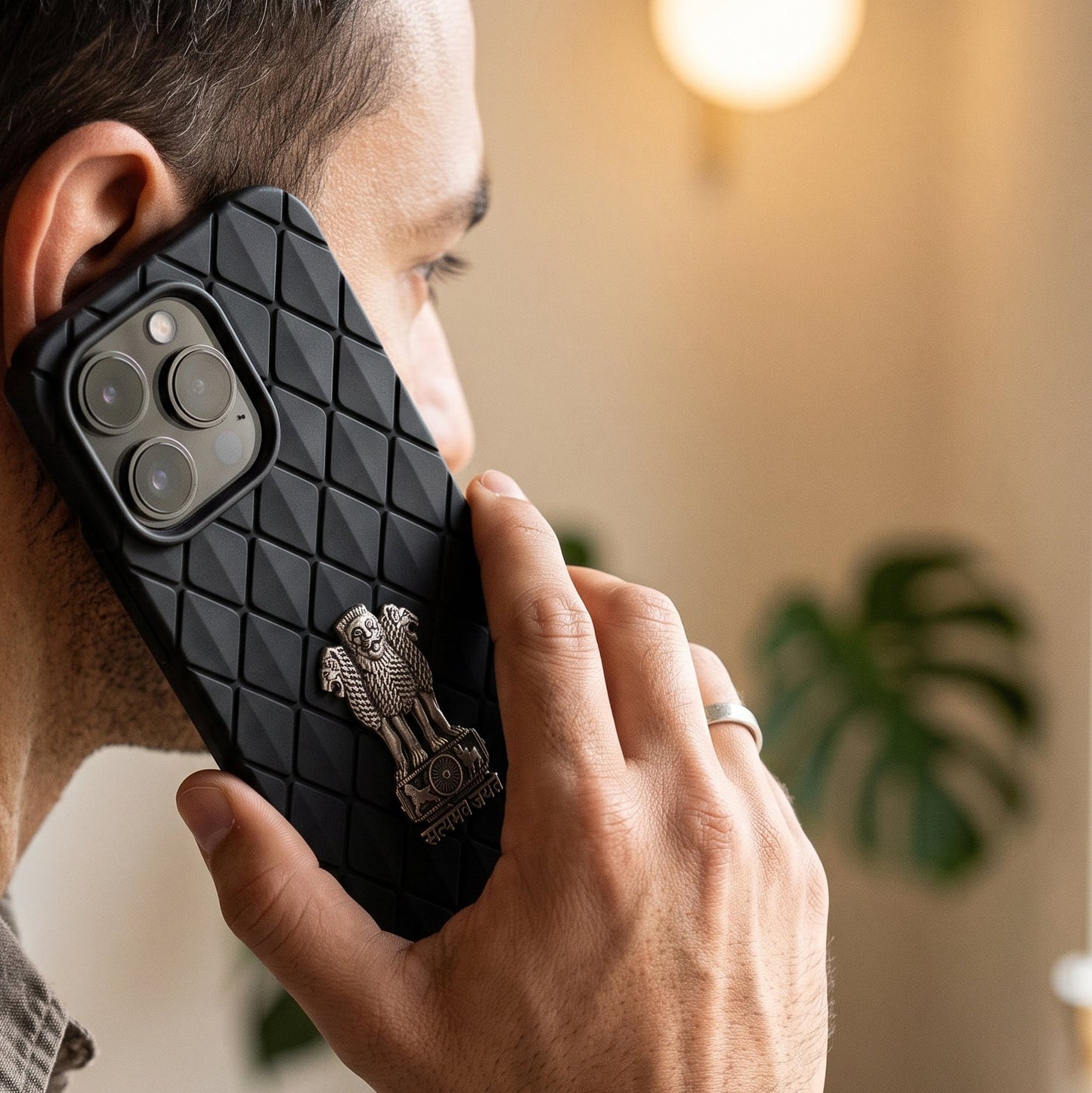iPhone 16 Pro 5G Bottega Veneta Design with Metal Satyamev Jayate Emblem Case