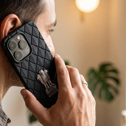 iPhone 16 Pro 5G Bottega Veneta Design with Metal Satyamev Jayate Emblem Case