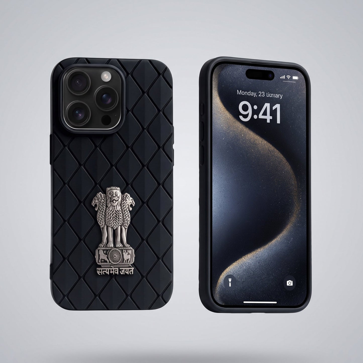 iPhone 16 Pro 5G Bottega Veneta Design with Metal Satyamev Jayate Emblem Case