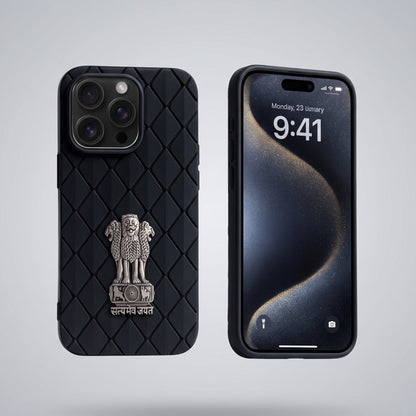 iPhone 16 Pro 5G Bottega Veneta Design with Metal Satyamev Jayate Emblem Case