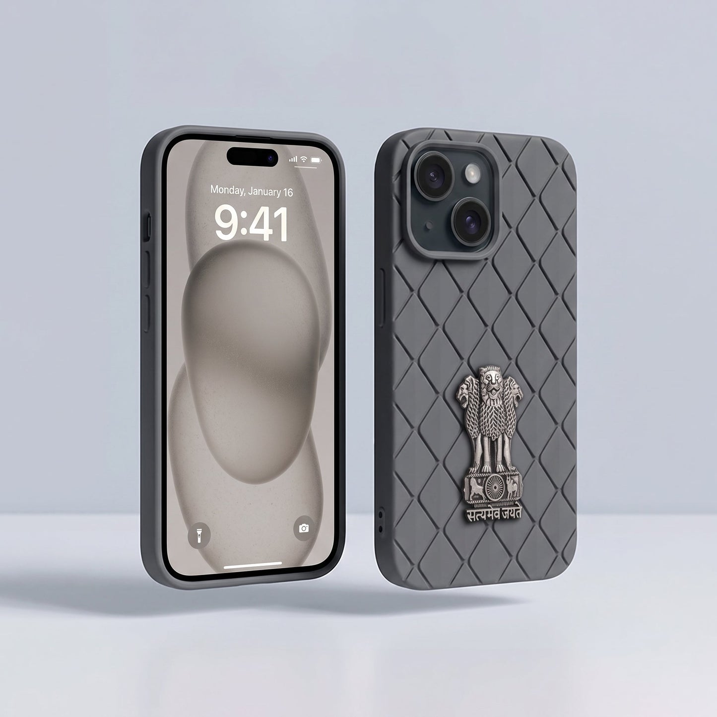 iPhone 15 5G Bottega Veneta Design with Metal Satyamev Jayate Emblem Case