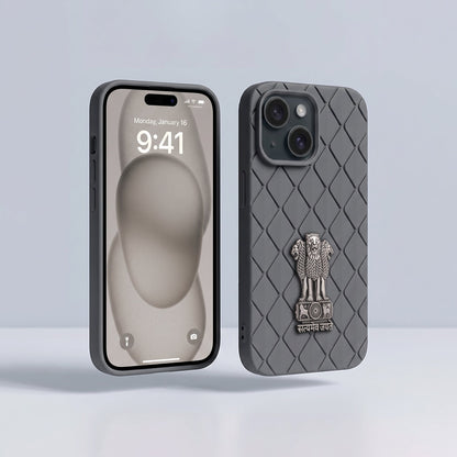 iPhone 15 5G Bottega Veneta Design with Metal Satyamev Jayate Emblem Case
