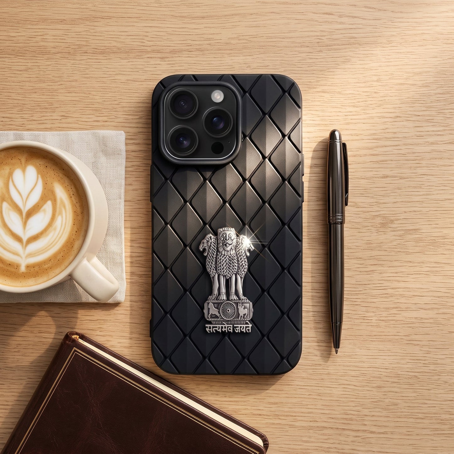 iPhone 16 Pro 5G Bottega Veneta Design with Metal Satyamev Jayate Emblem Case