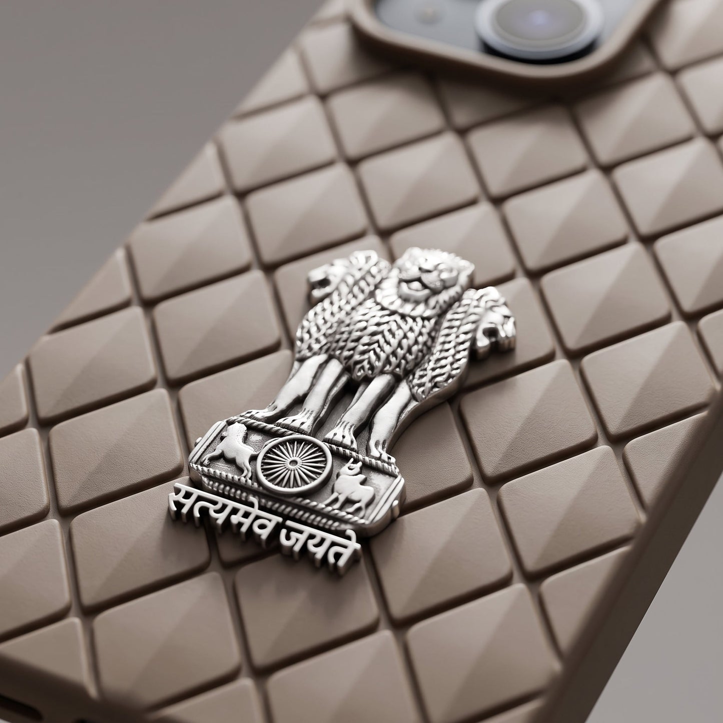 iPhone 15 5G Bottega Veneta Design with Metal Satyamev Jayate Emblem Case