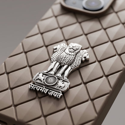 iPhone 15 5G Bottega Veneta Design with Metal Satyamev Jayate Emblem Case