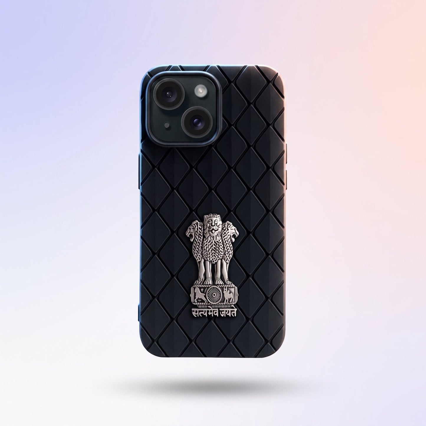 iPhone 15 5G Bottega Veneta Design with Metal Satyamev Jayate Emblem Case