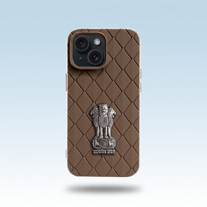 iPhone 15 5G Bottega Veneta Design with Metal Satyamev Jayate Emblem Case