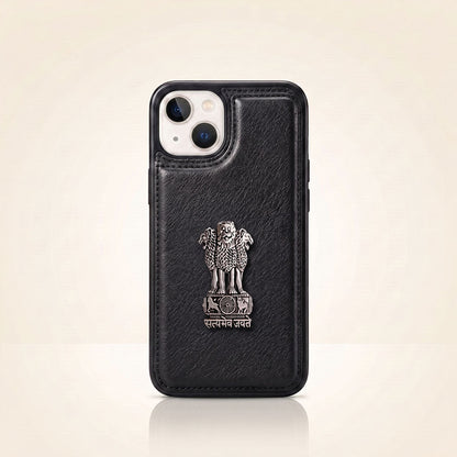 iPhone 14 Series 5G Skin Feel Leather Metal Satyamev Jayate Emblem Case