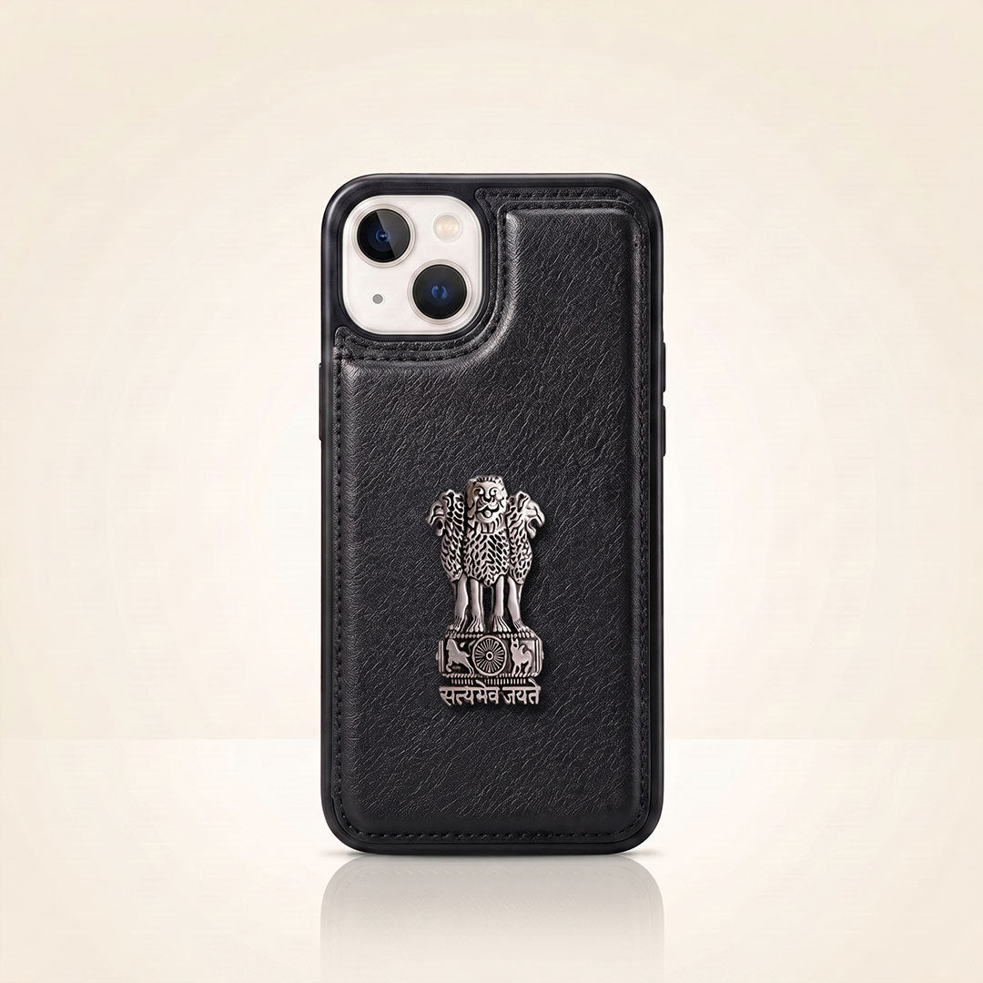 iPhone 13 Series 5G Skin Feel Leather Metal Satyamev Jayate Emblem Case