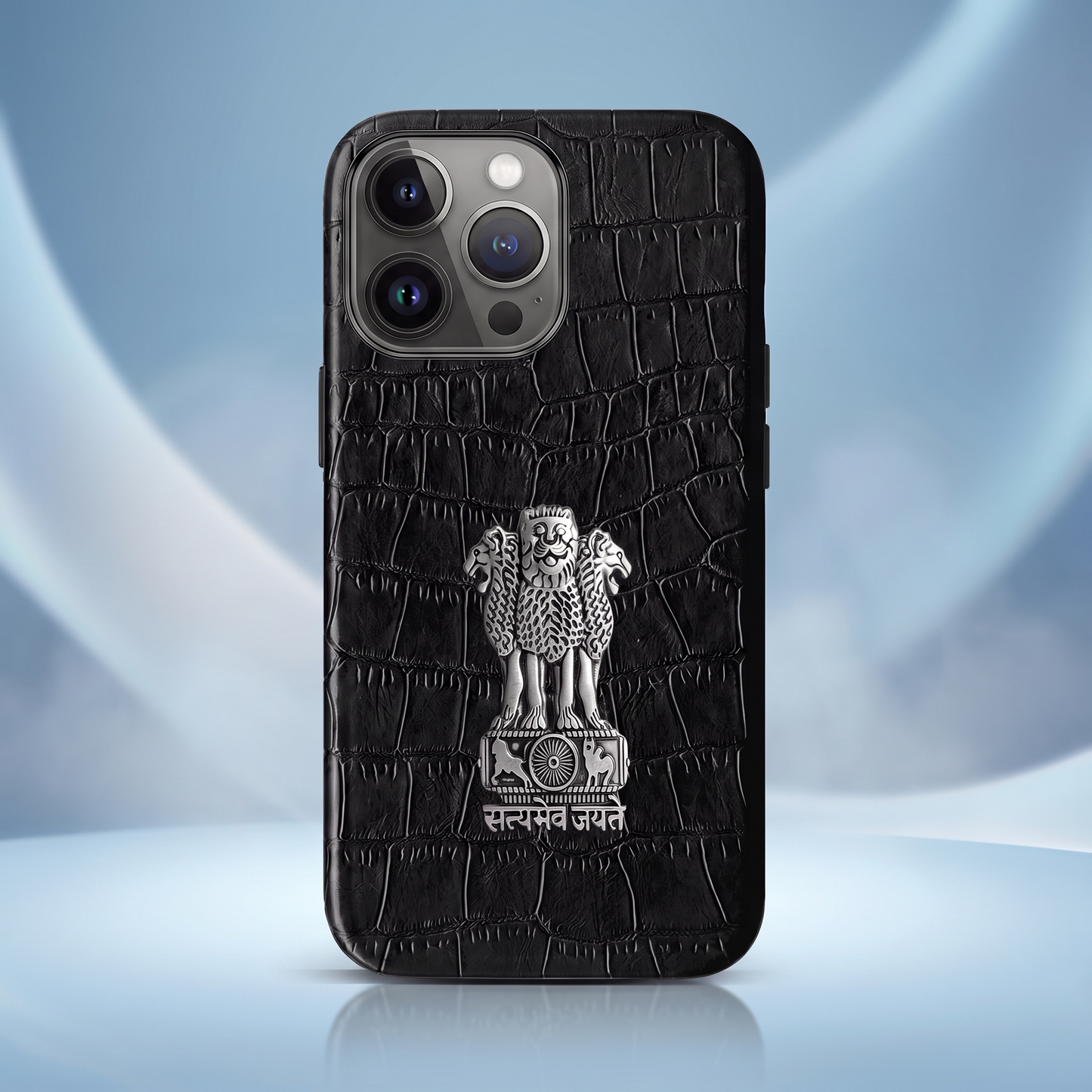 iPhone 15 Pro 5G Crocodile Texture Hard With Metal Satyamev Jayate Emblem Case
