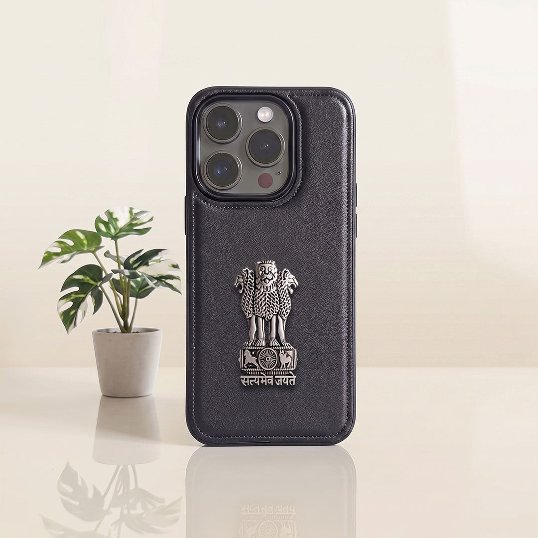 iPhone 13 Series 5G Skin Feel Leather Metal Satyamev Jayate Emblem Case
