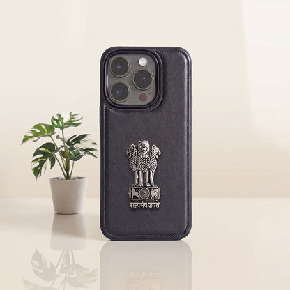 iPhone 13 Series 5G Skin Feel Leather Metal Satyamev Jayate Emblem Case