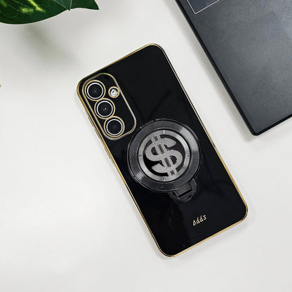 Black phone case with a dollar sign design on a white surface