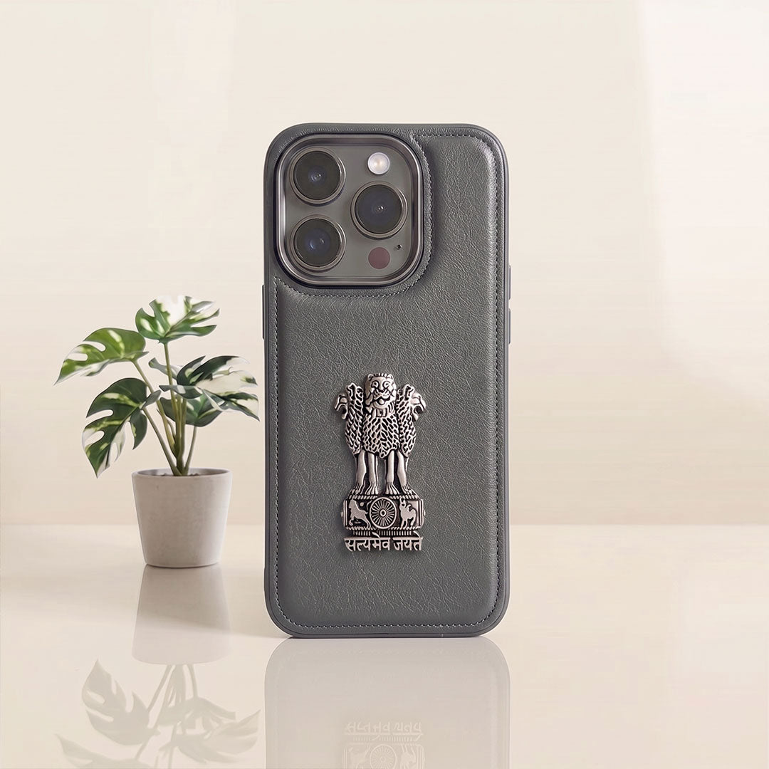 iPhone 14 Series 5G Skin Feel Leather Metal Satyamev Jayate Emblem Case