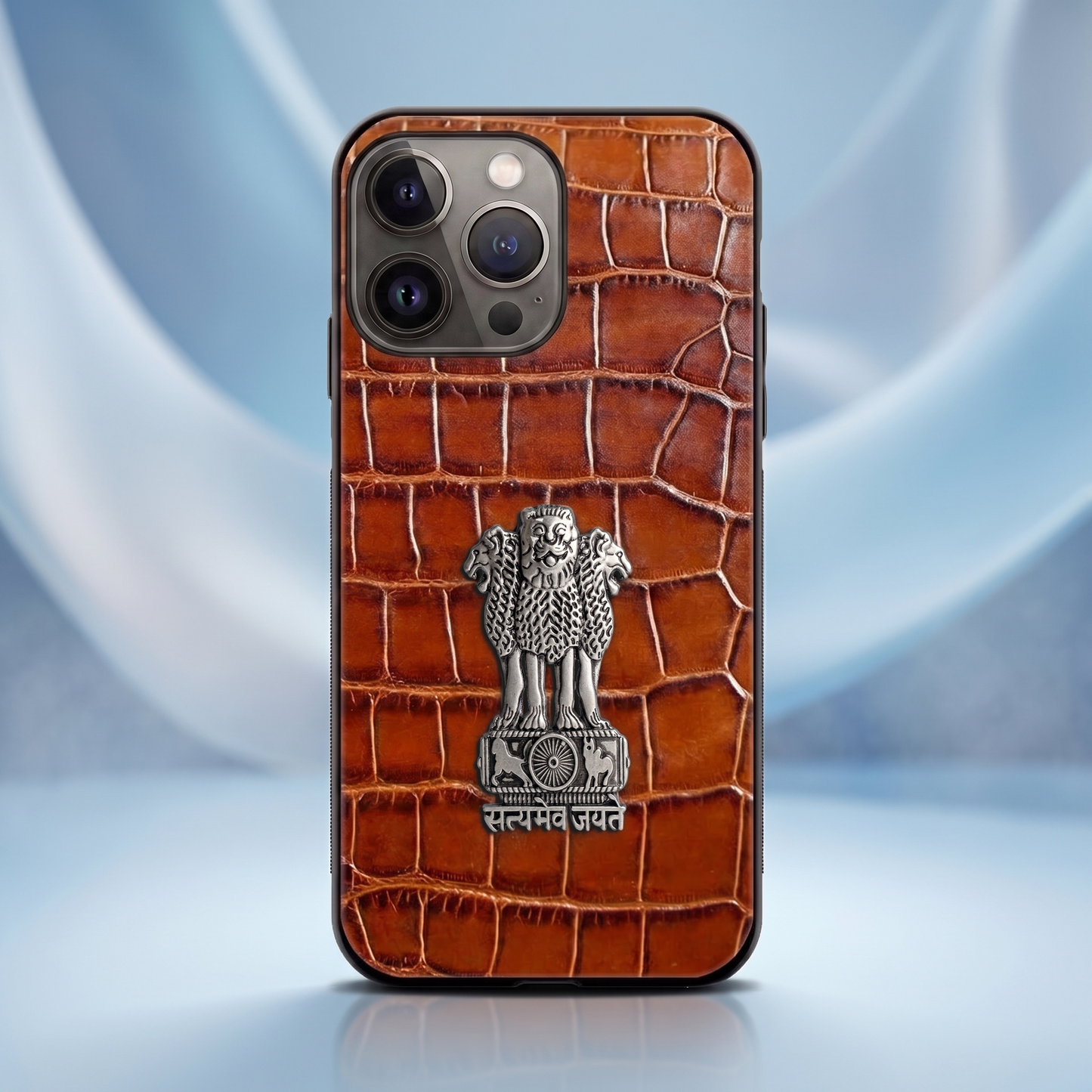 iPhone 15 Pro 5G Crocodile Texture Hard With Metal Satyamev Jayate Emblem Case
