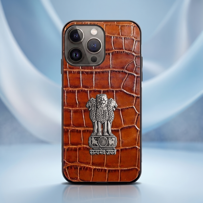 iPhone 15 Pro 5G Crocodile Texture Hard With Metal Satyamev Jayate Emblem Case