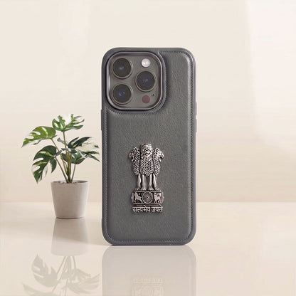 iPhone 13 Series 5G Skin Feel Leather Metal Satyamev Jayate Emblem Case